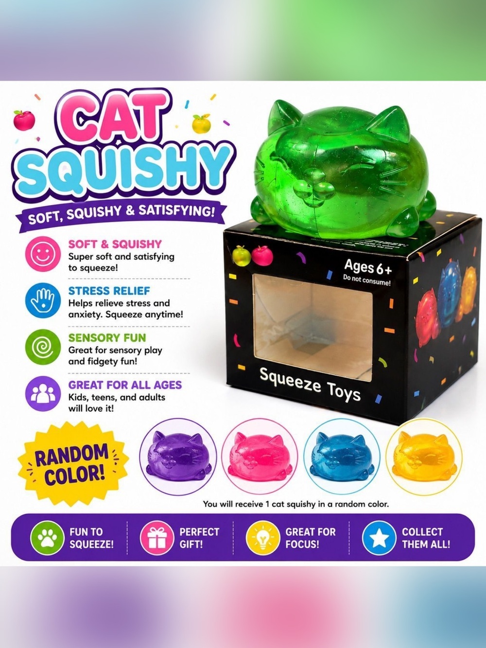 Cat Squishy Squeeze Toy -Pink, Blue, Purple & Green- PICK ONE!